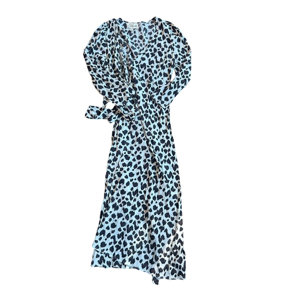 Cleobella Black White Animal Print‎ Wrap Midi Dress Long Sleeve Women's Medium